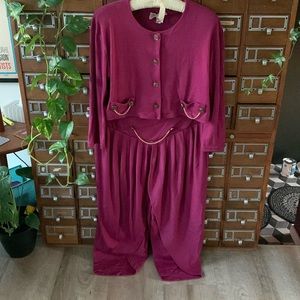 Vintage Two Piece Gold Chain Purple Cotton Elastic Jacket and Pants Size Large